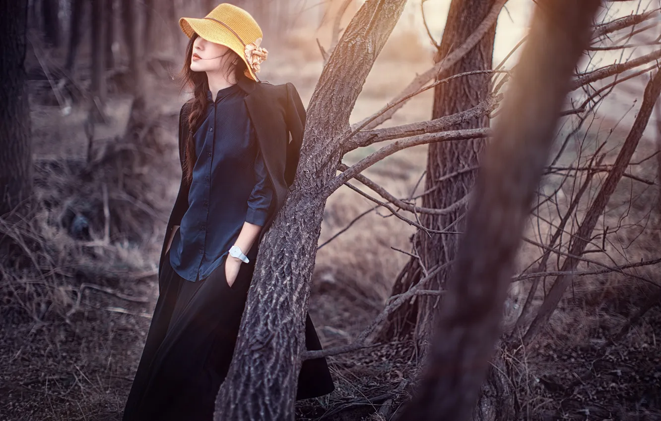Photo wallpaper forest, girl, hat, Late winter