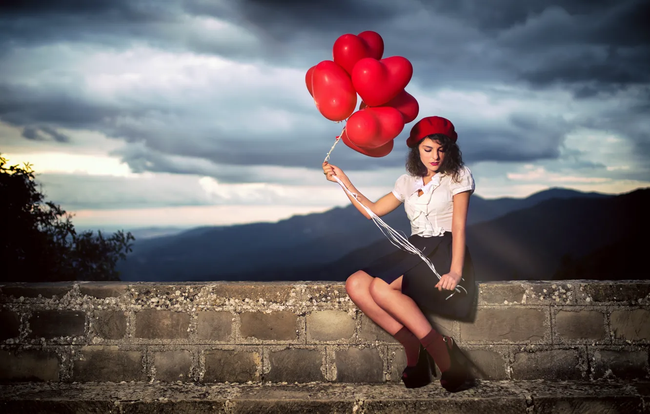 Photo wallpaper the sky, look, girl, clouds, mountains, night, red, clouds