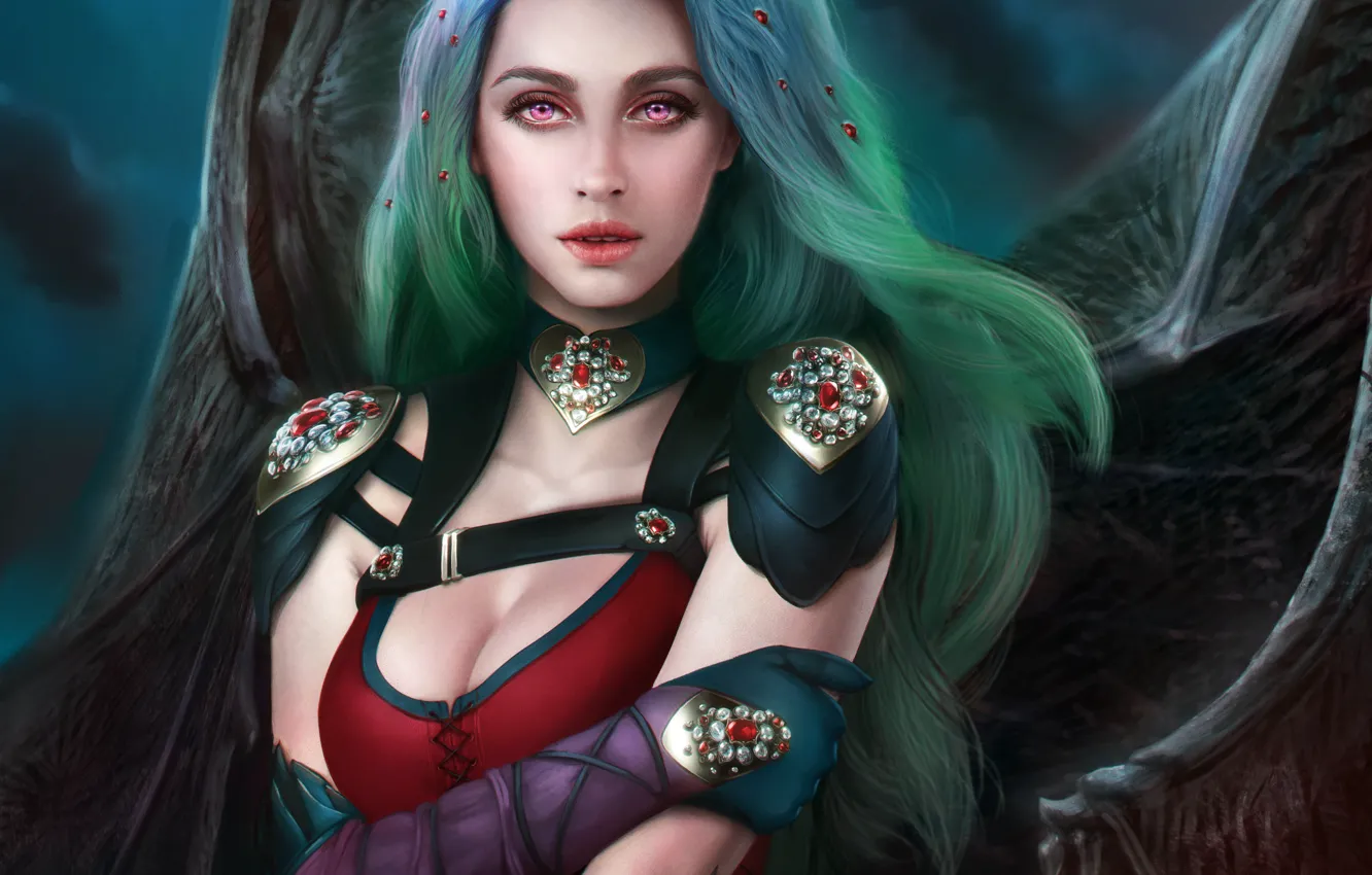 Photo wallpaper chest, look, face, wings, dress, art, beauty, vampire