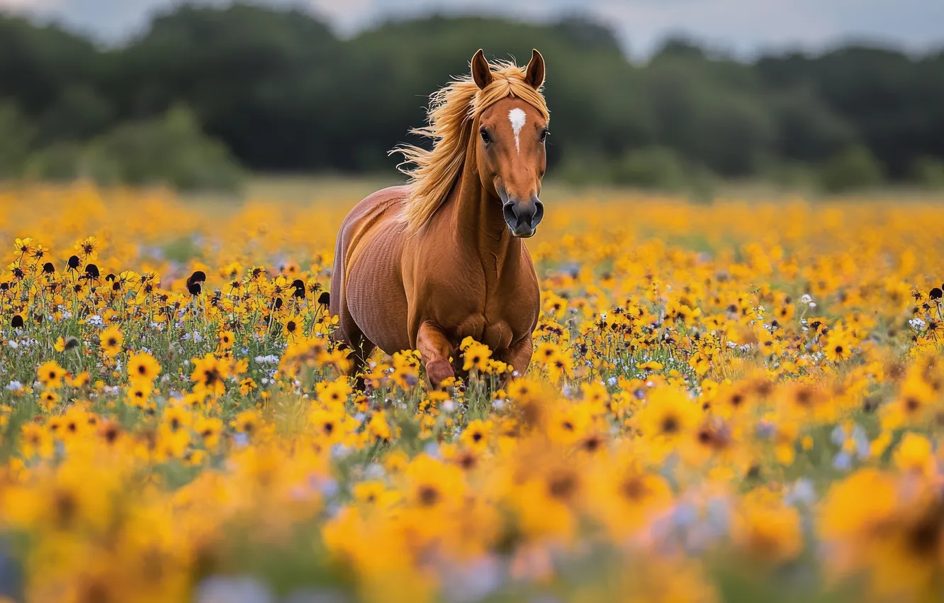 Photo wallpaper field, forest, summer, flowers, yellow, horse, horse, meadow