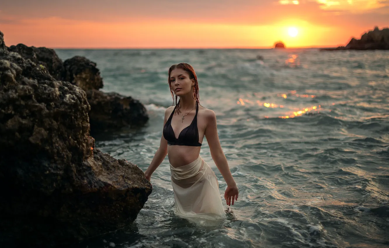 Photo wallpaper sea, girl, sunset, model, Ksenia Bogatyreva