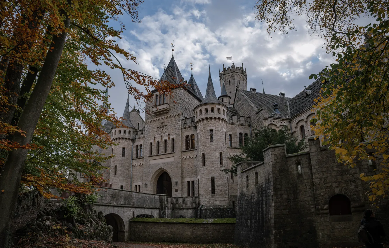 Photo wallpaper autumn, trees, bridge, castle, Germany, architecture, Germany, Marienburg Castle