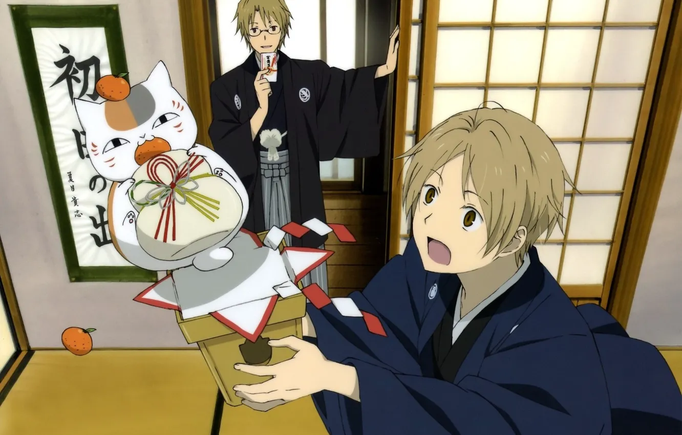 Photo wallpaper cat, room, glasses, pot, kimono, art, stand, tangerines