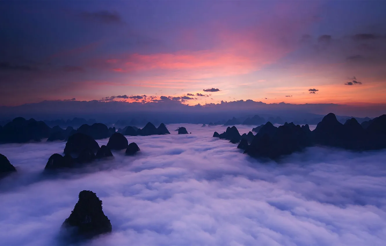 Photo wallpaper clouds, mountains, tops, China, Anhui, Huangshan