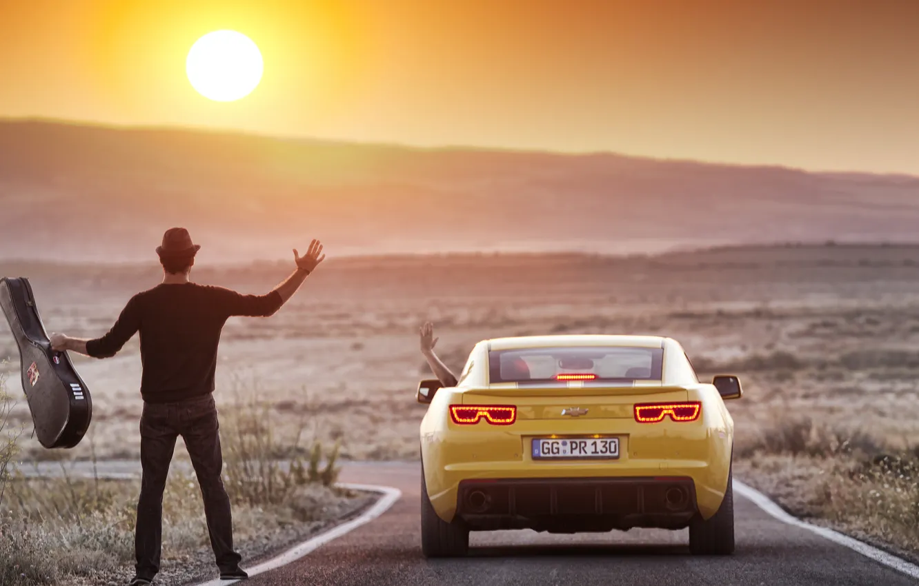 Photo wallpaper the sun, landscape, mountains, nature, Wallpaper, photoshop, guitar, Chevrolet