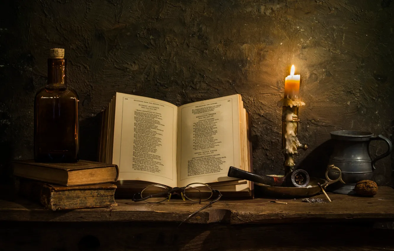 Photo wallpaper candle, tube, glasses, book, Poetry