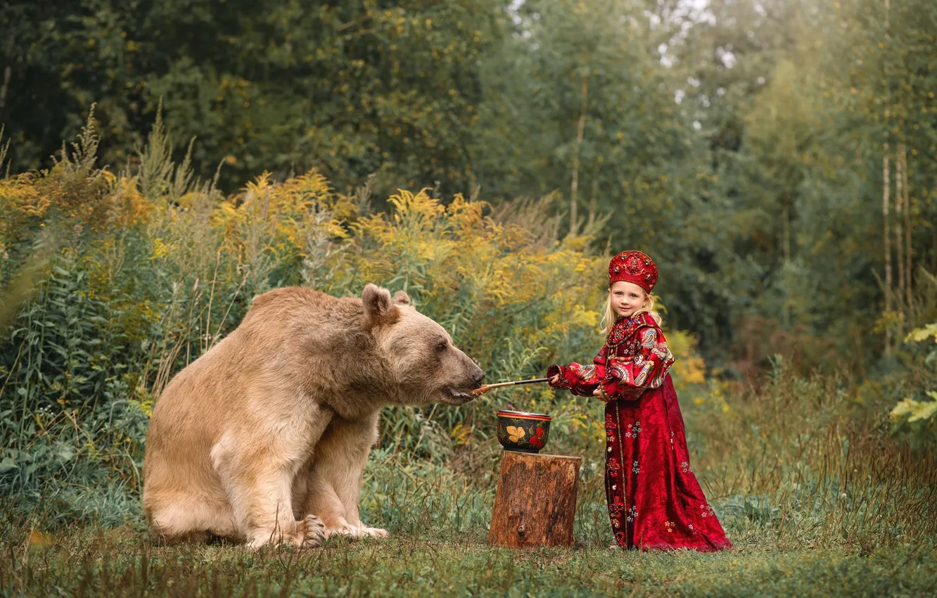 Photo wallpaper forest, nature, pose, style, glade, stump, bear, costume