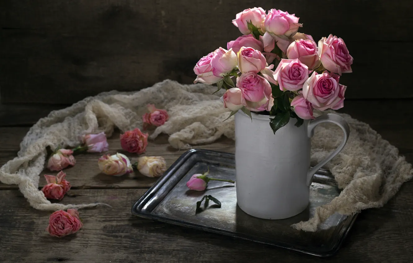Photo wallpaper roses, pink, shawl