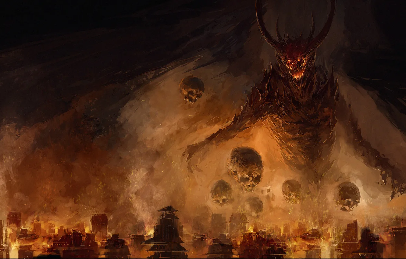 Photo wallpaper the city, fear, fire, the darkness, skull, wings, the demon, Chris Cold