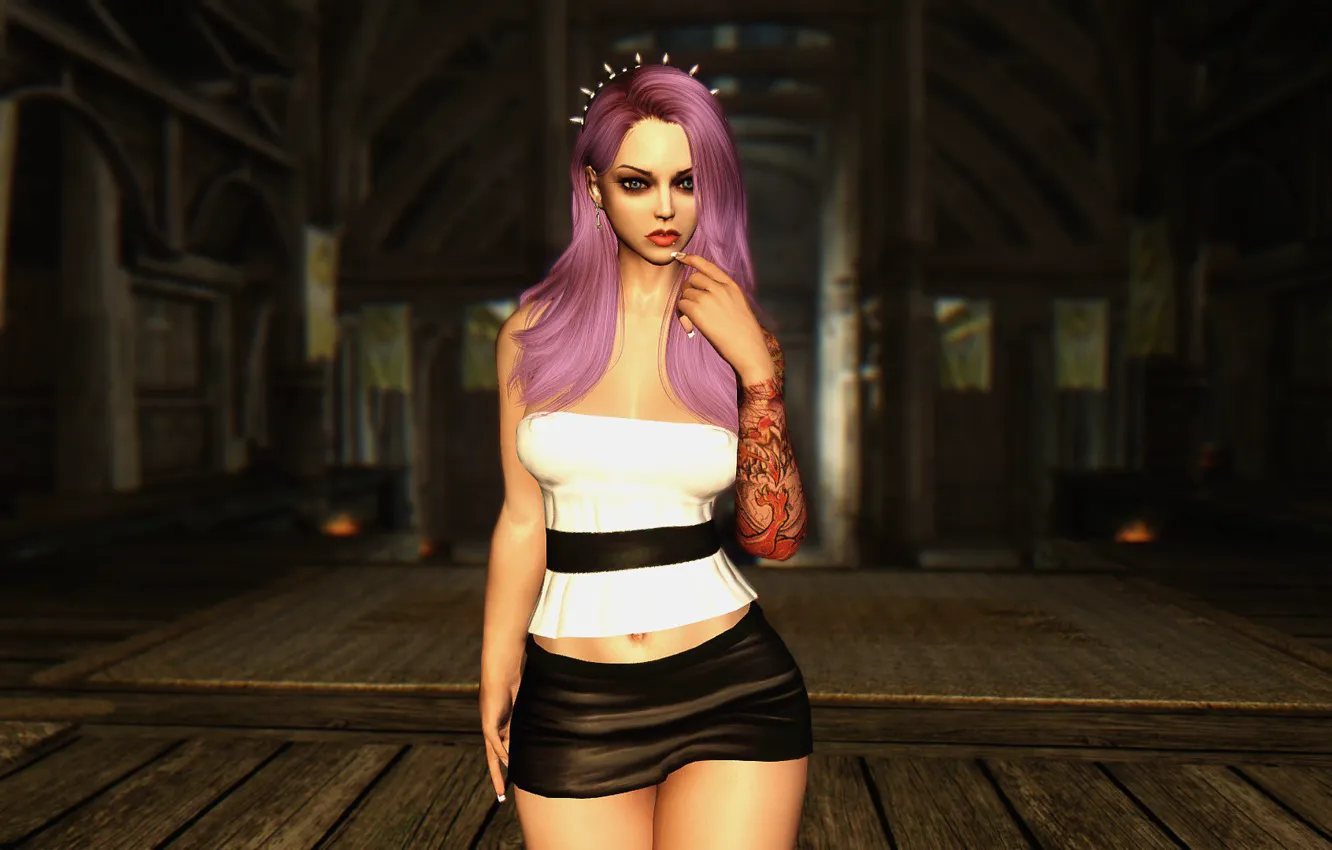 Photo wallpaper girl, Skyrim, purple hair, Nord