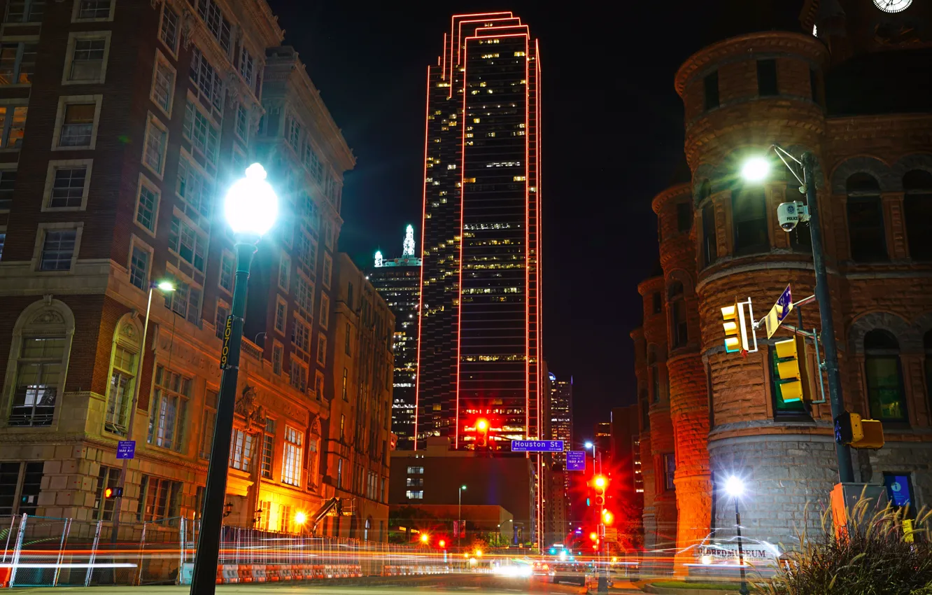 Photo wallpaper road, night, lights, movement, street, home, skyscrapers, lights