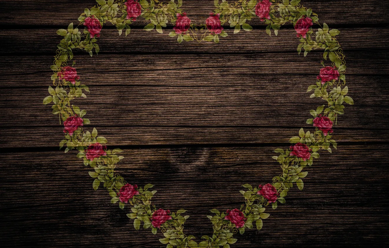 Photo wallpaper style, background, heart, roses, texture, wood, vintage, shabby chic