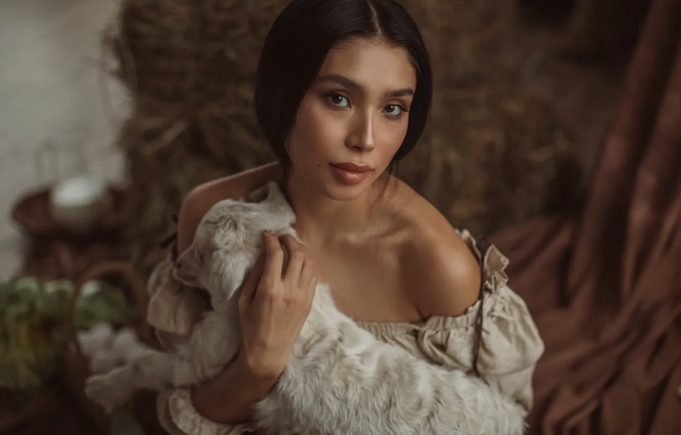 Photo wallpaper look, girl, animal, brunette, blouse, shoulders, goat, Valeriya Mytnik