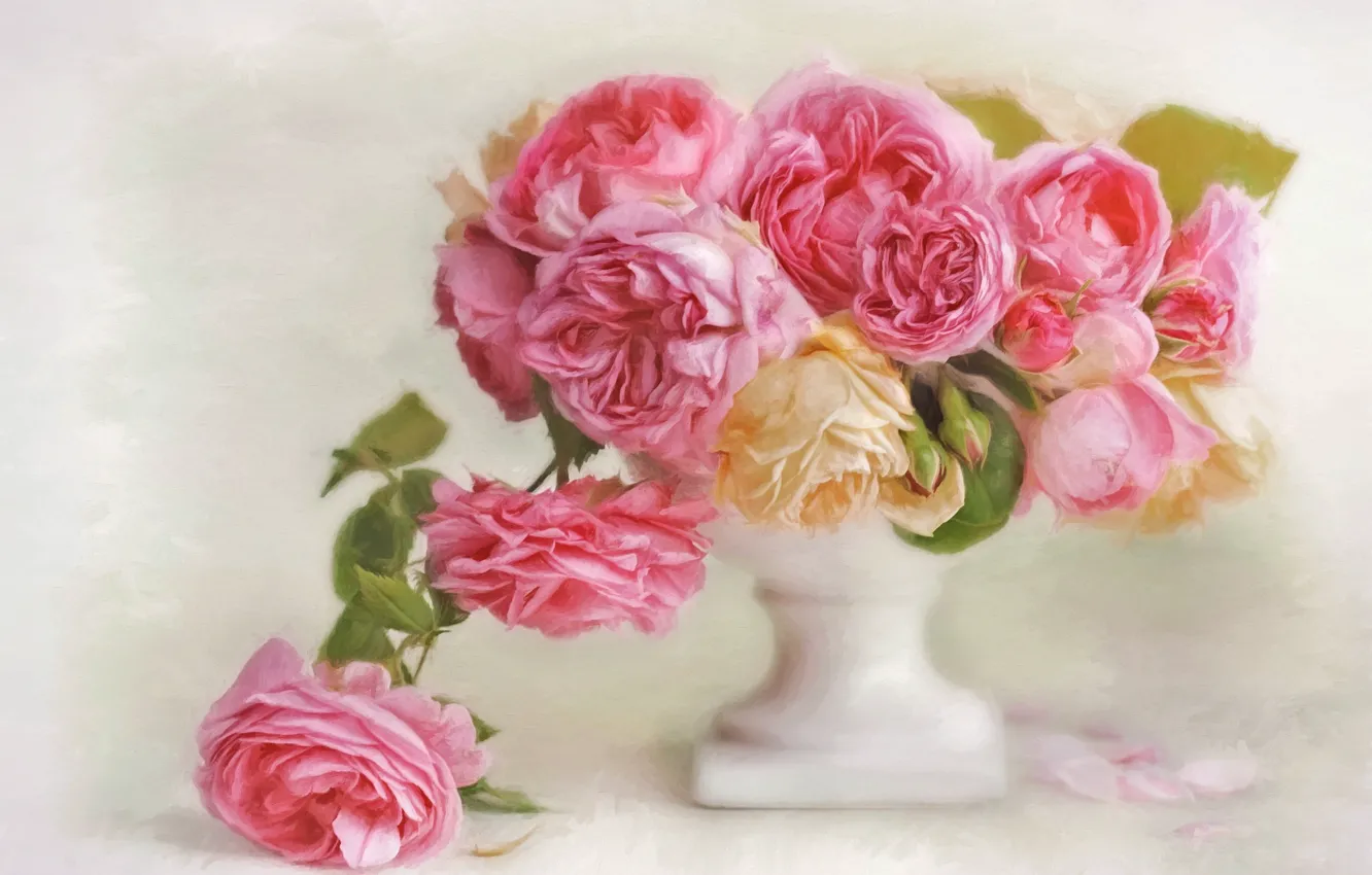 Photo wallpaper flowers, roses, petals, art, vase