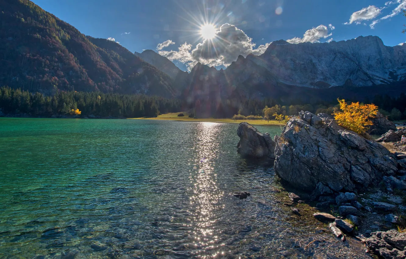 Photo wallpaper autumn, forest, the sky, the sun, clouds, rays, light, mountains