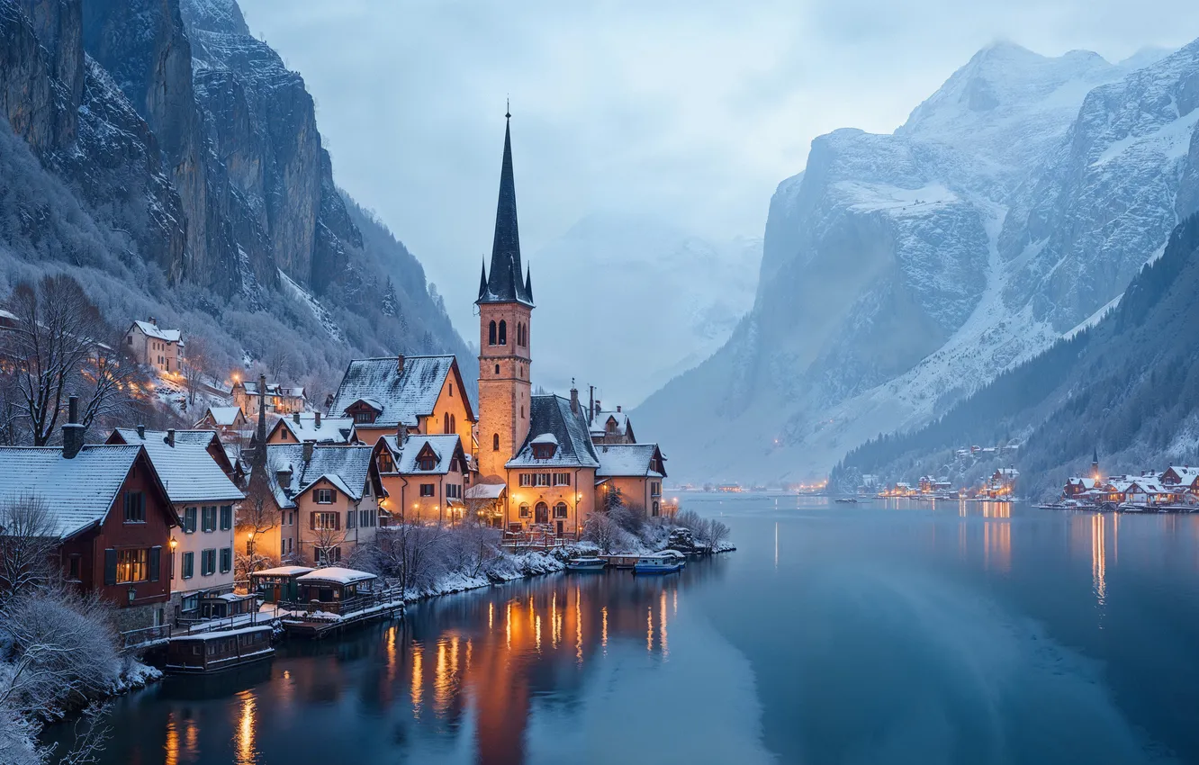 Photo wallpaper winter, snow, mountains, the city, river, home, house, hut