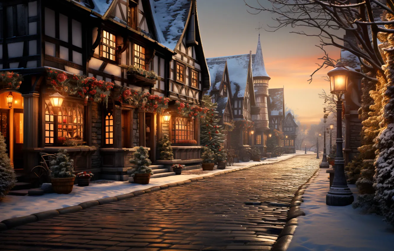 Photo wallpaper winter, snow, decoration, night, the city, lights, street, tree