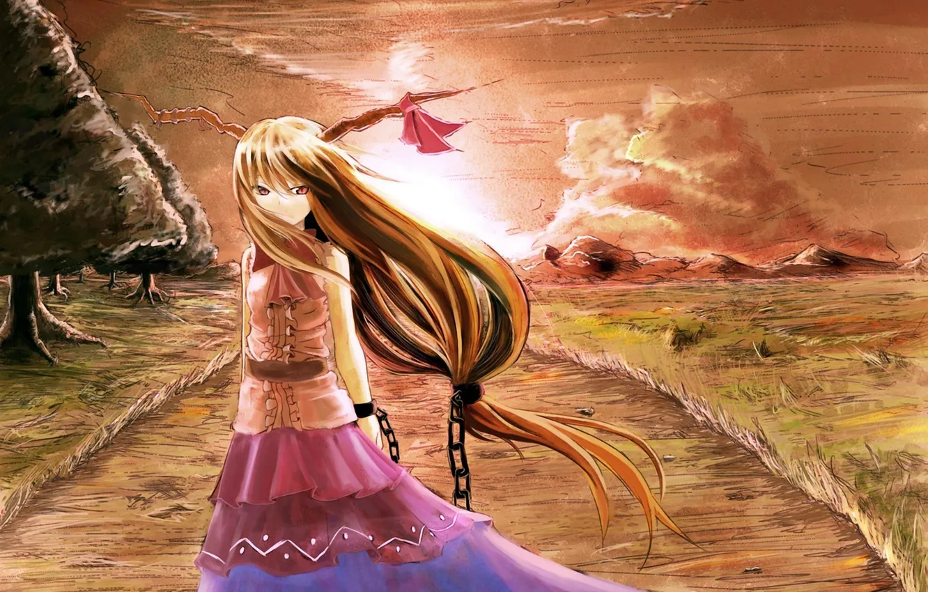 Photo wallpaper girl, landscape, sunset, art, chain, track, horns, bow