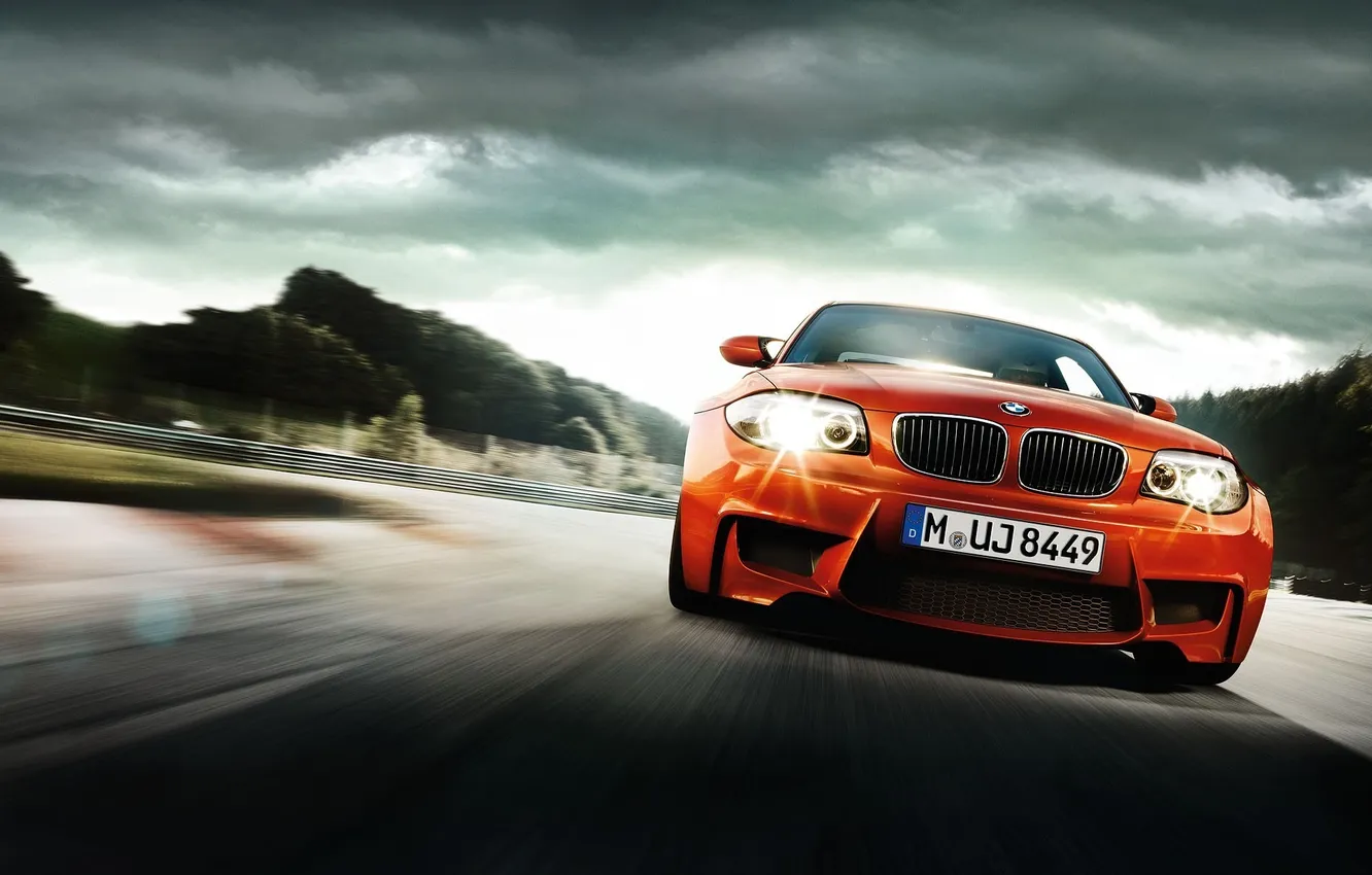 Photo wallpaper road, clouds, light, trees, orange, clouds, lights, bmw