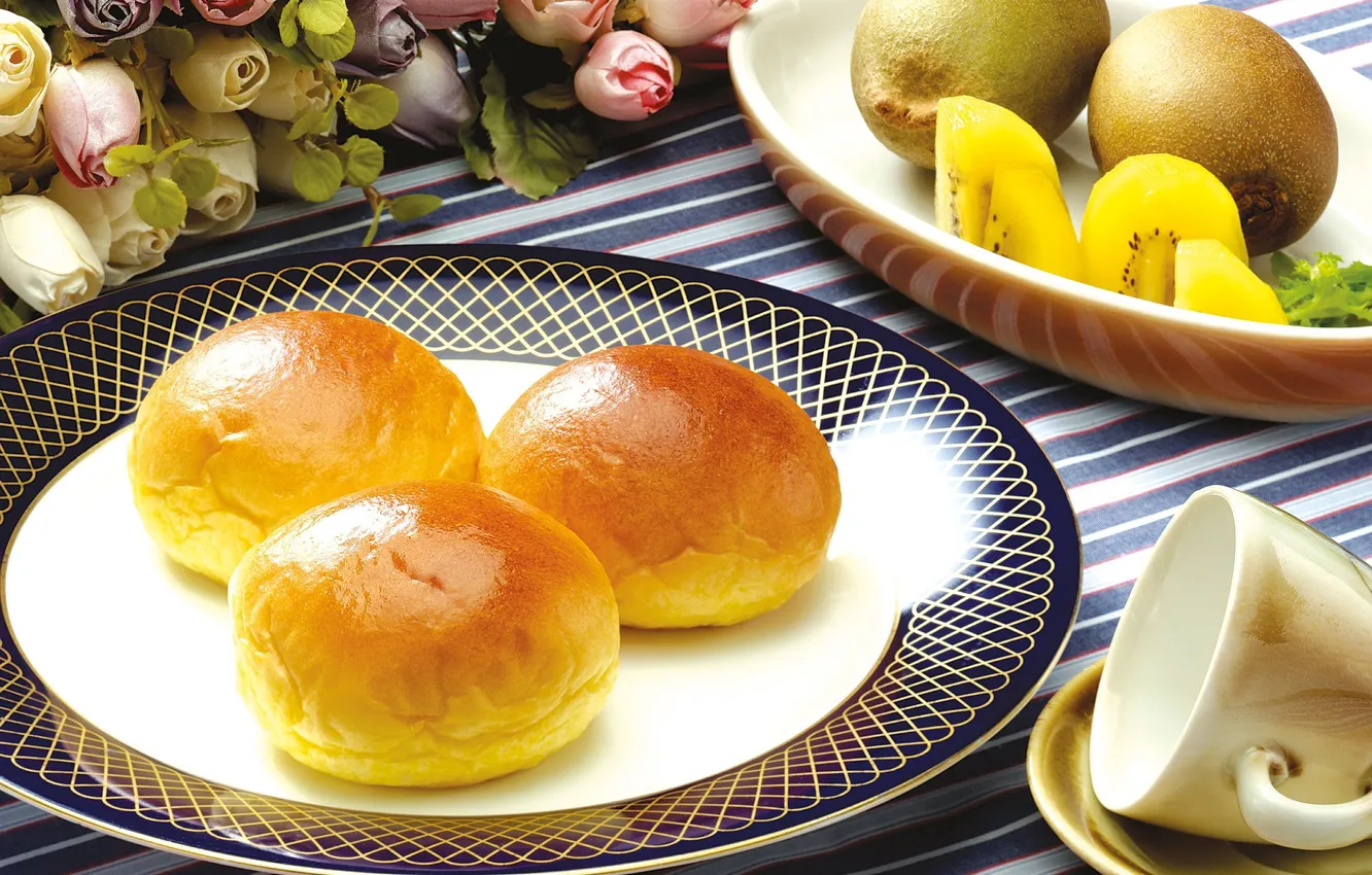 Photo wallpaper flowers, kiwi, plate, mug, cakes, buns