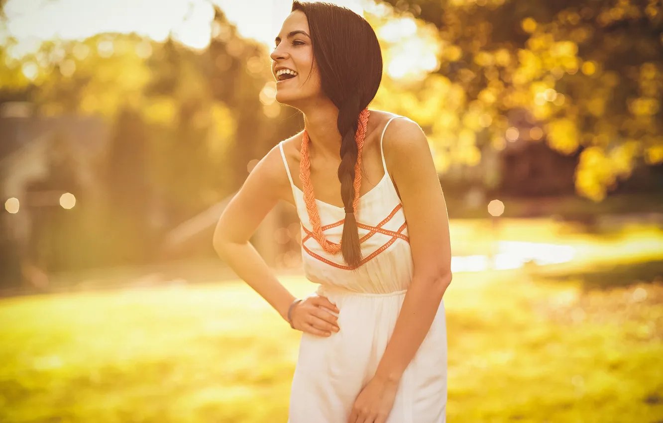 Photo wallpaper summer, girl, laughter, dress, brunette, braids, braid, sundress