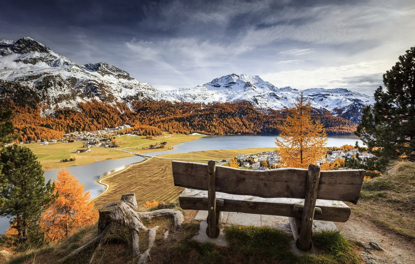 Photo wallpaper autumn, mountains, river, bench