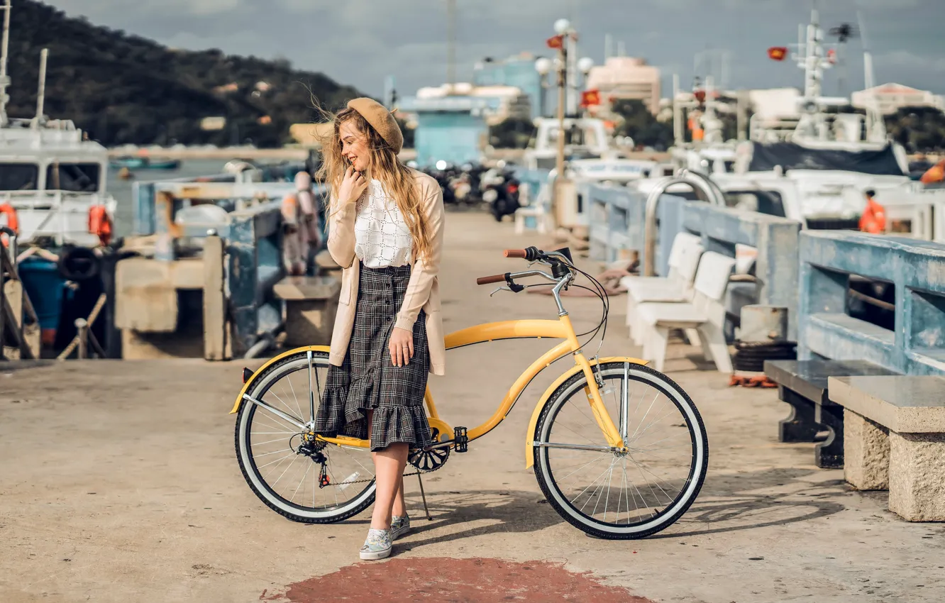 Photo wallpaper girl, bike, smile, port, promenade