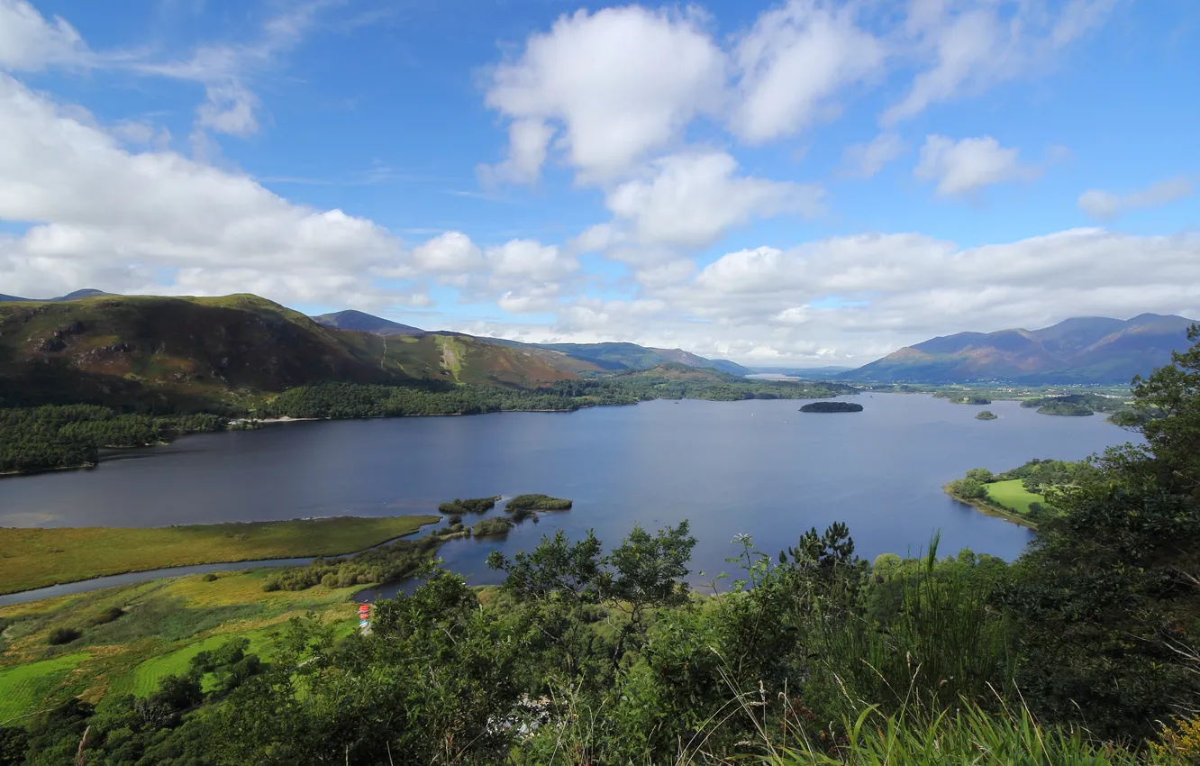 Photo wallpaper the sky, clouds, mountains, Bay