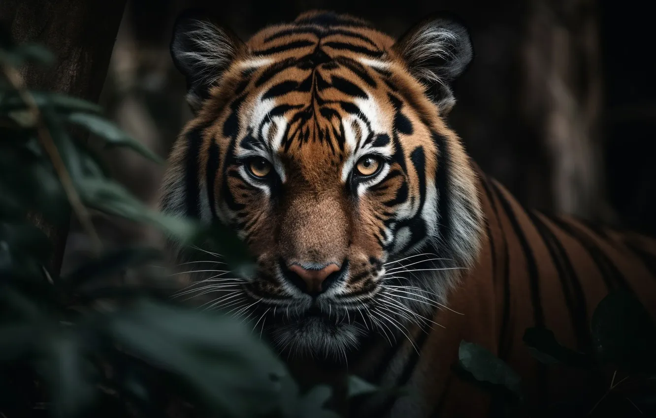 Photo wallpaper forest, look, face, leaves, tiger, the dark background, portrait, AI art