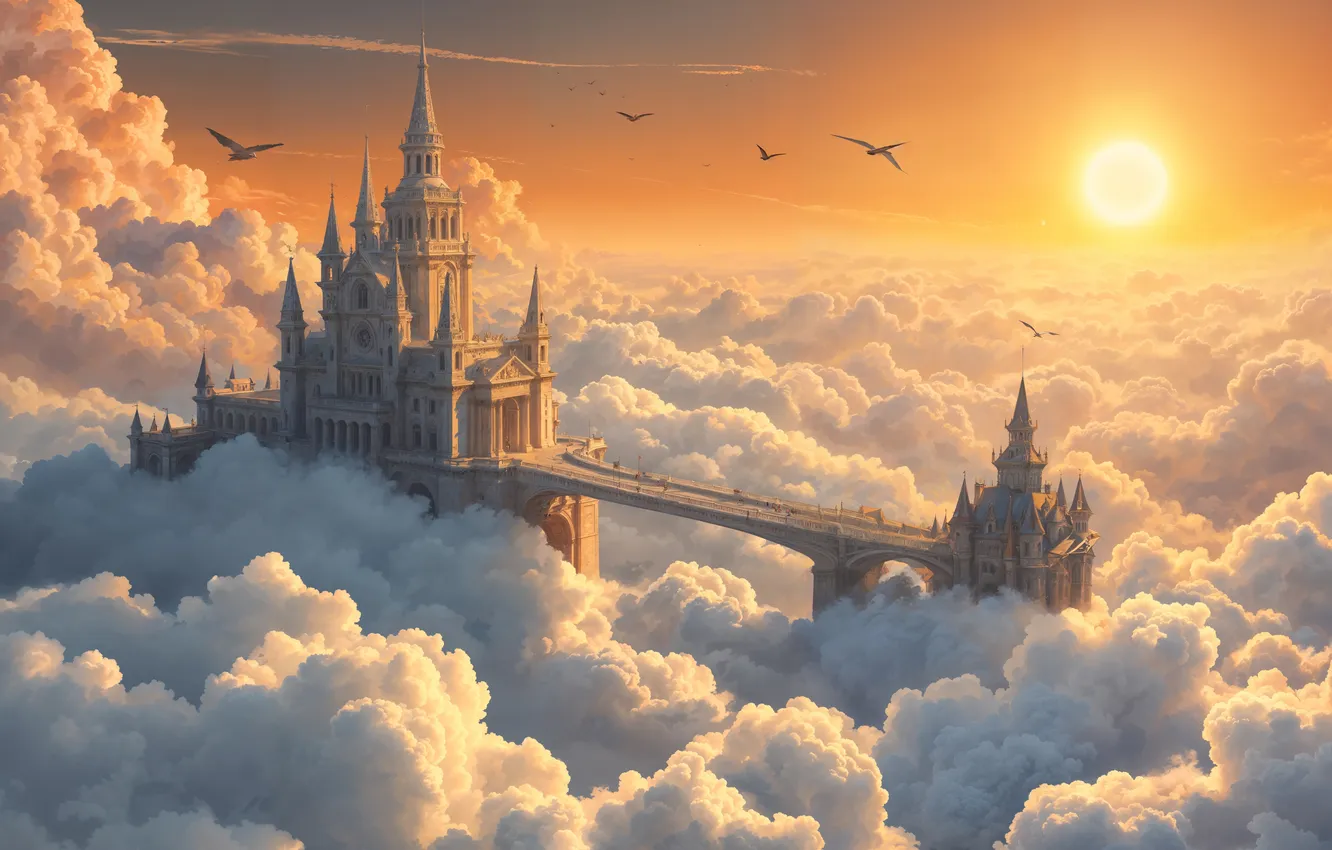 Photo wallpaper the sky, the sun, clouds, light, bridge, fog, castle, dawn
