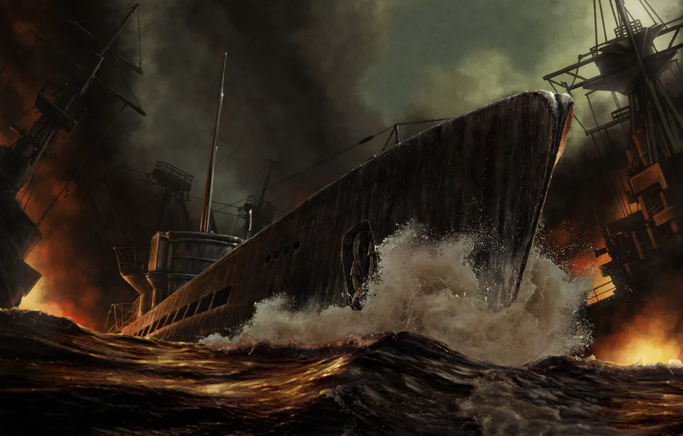 Photo wallpaper sea, fire, smoke, ships, the battle