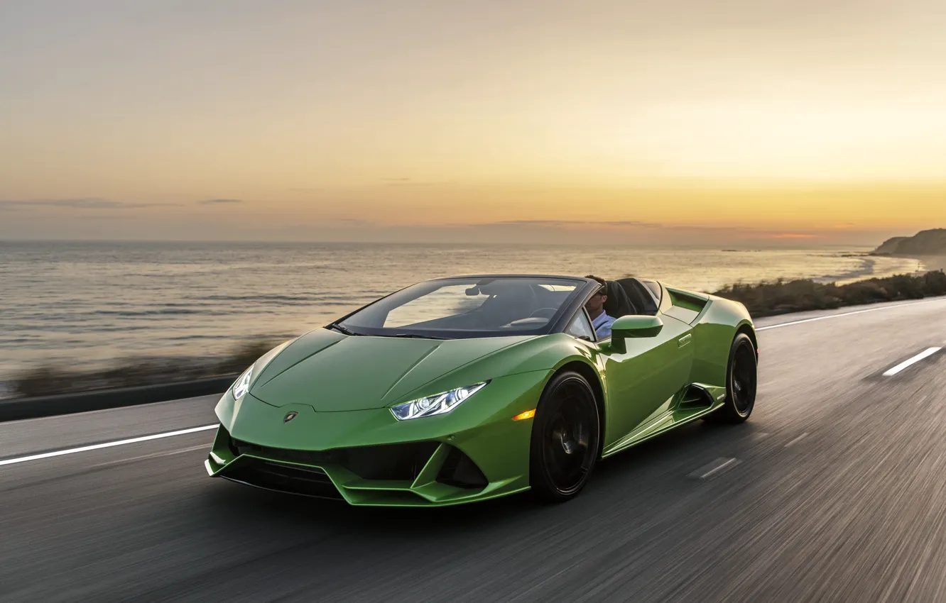 Photo wallpaper sunset, coast, speed, the evening, Lamborghini, Spyder, evo, Huracan