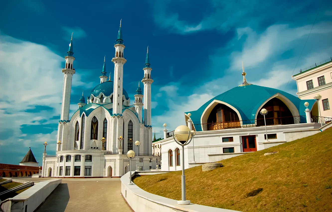 Photo wallpaper the Kremlin, mosque, Kazan, blue sky, Tatarstan, Kul-Sharif