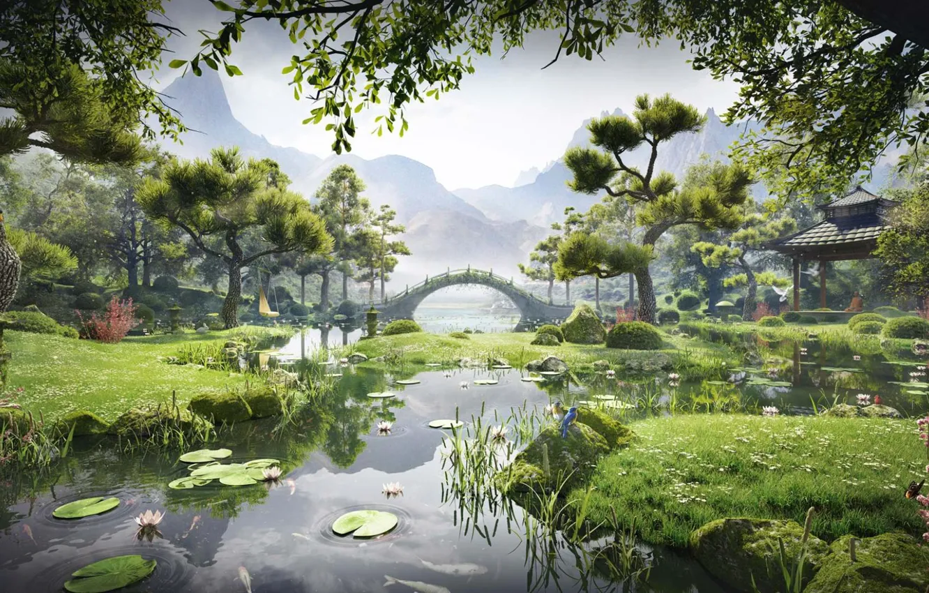 Photo wallpaper mountains, bridge, river, vegetation, Meditation Garden