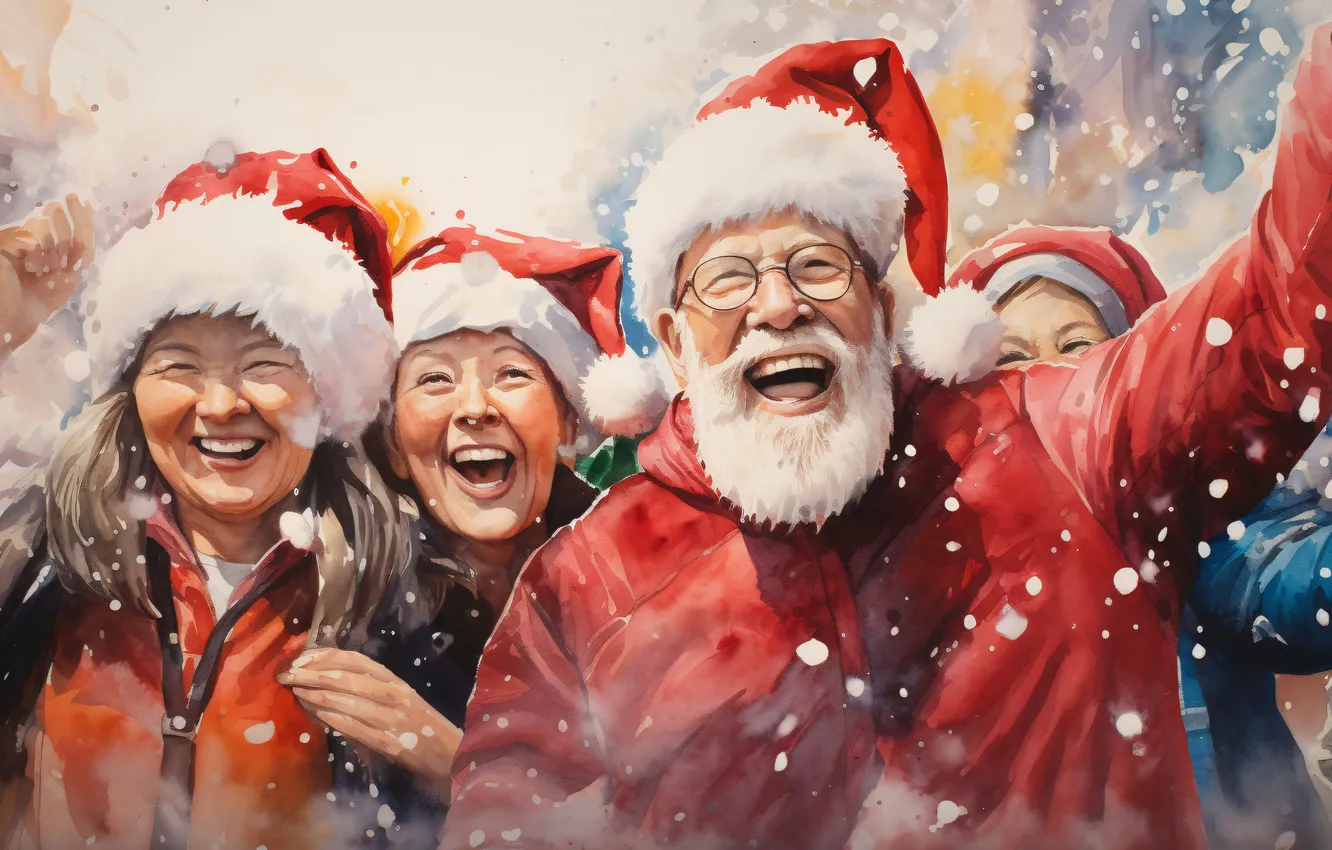 Photo wallpaper joy, smile, new year, grandma, Christmas, grandpa, digital art, imitation painting