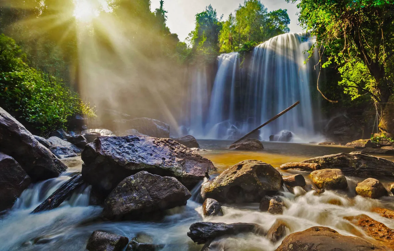 Photo wallpaper rays, light, stones, waterfall, Cambodia, Phnom Kulen National Park