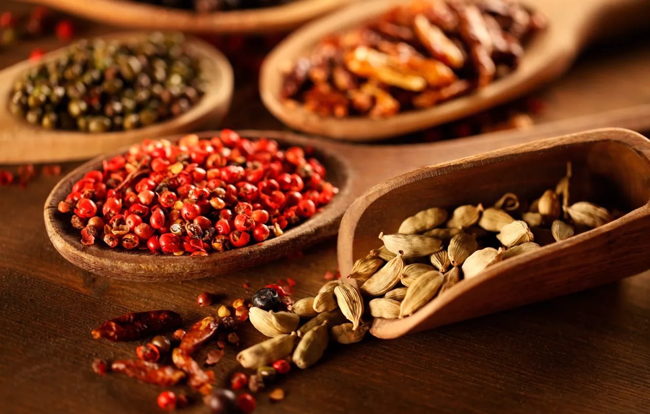 Photo wallpaper spoon, pepper, spices, seasoning, pepper, spices, seasoning, spoons