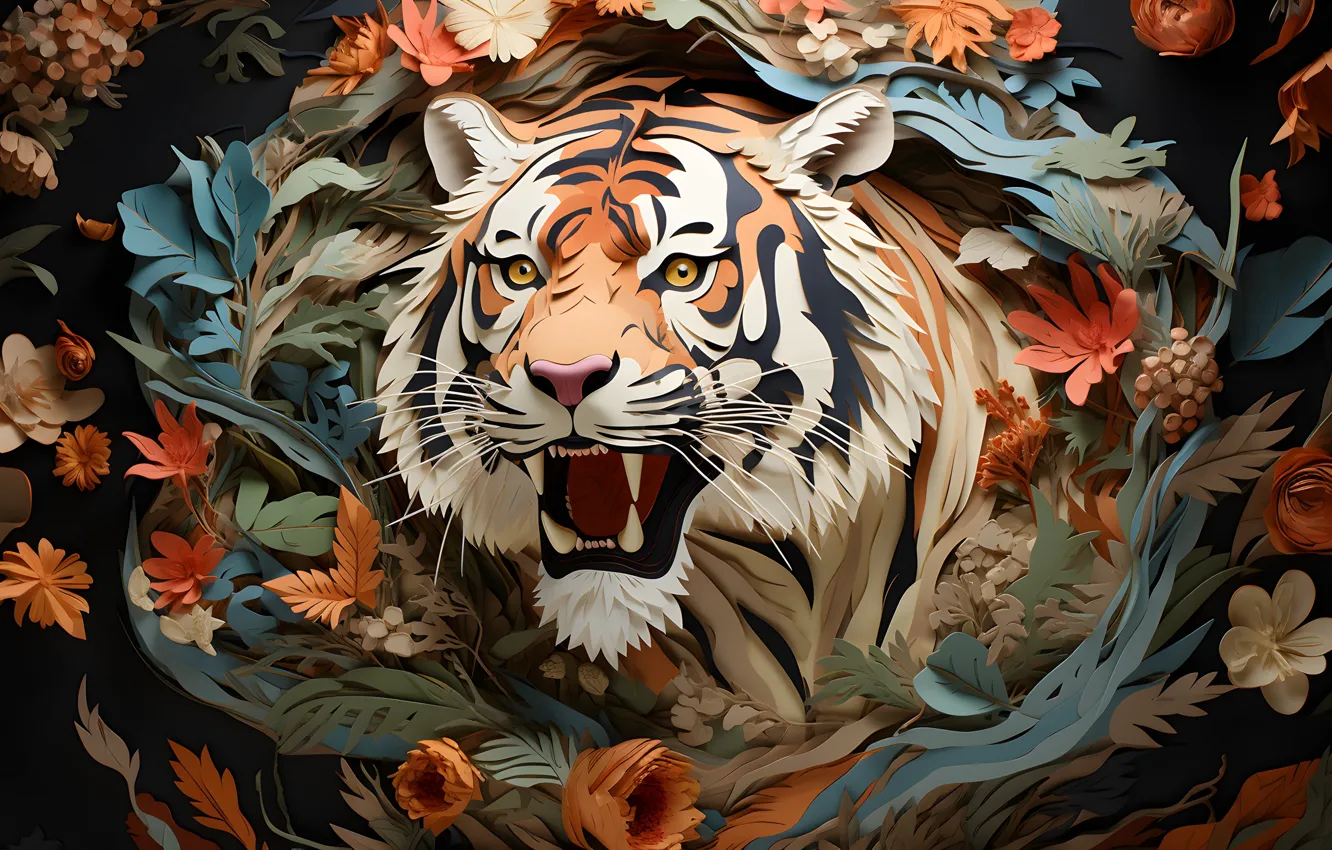 Photo wallpaper tiger, art, flowers, face, rendering, fiction