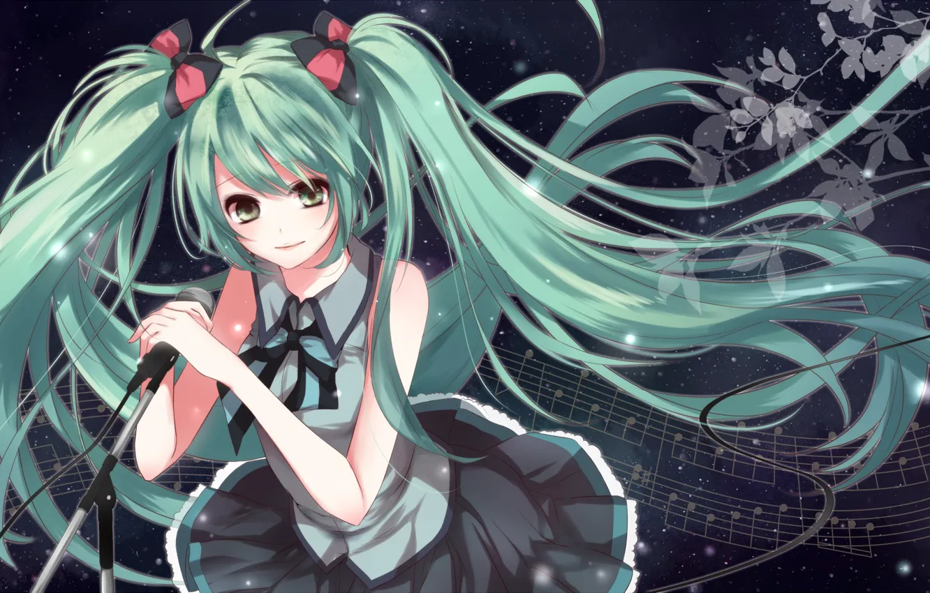 Photo wallpaper microphone, vocaloid, hatsune miku, looks, an-mar (artist)