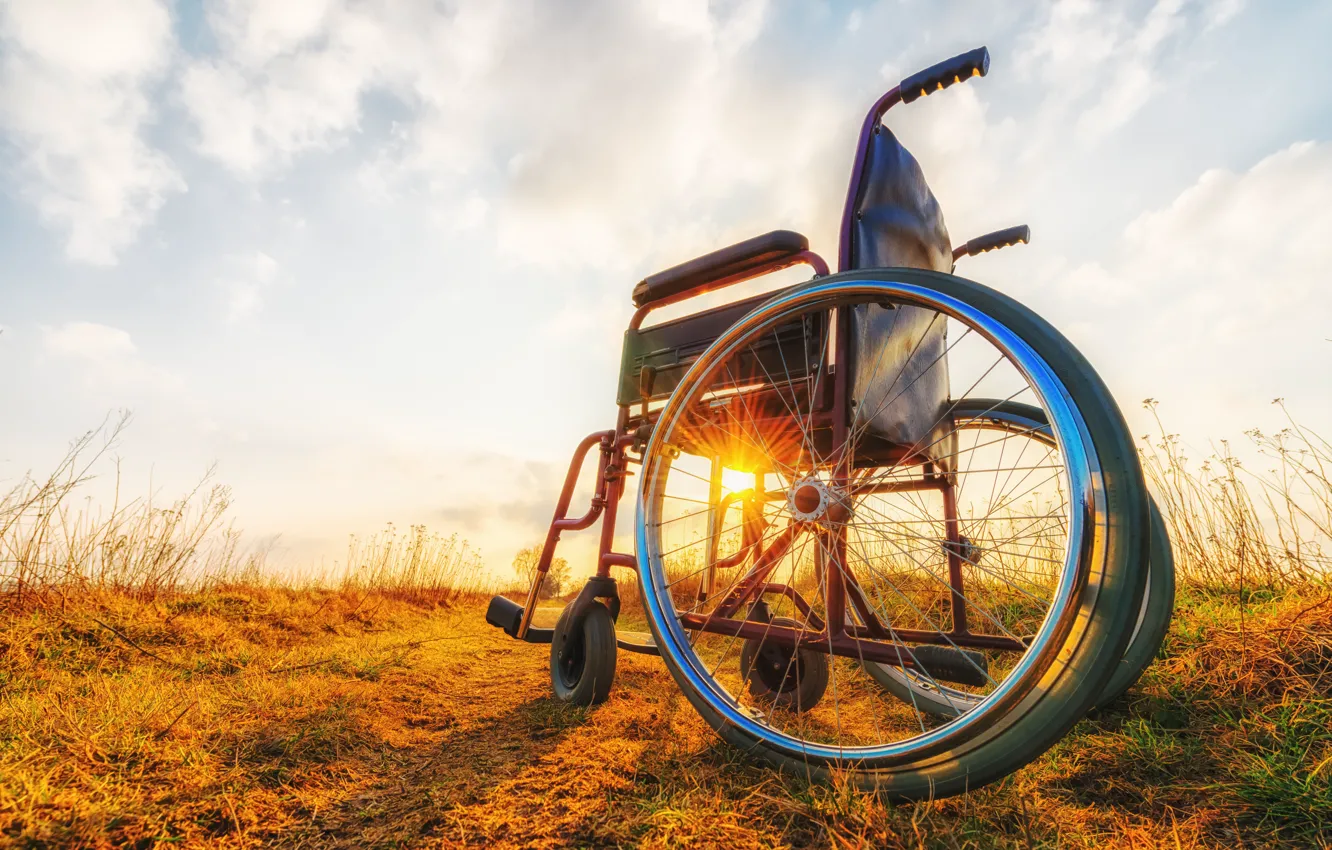 Photo wallpaper metal, sunset, Wheelchair
