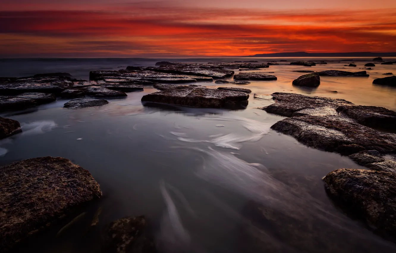 Photo wallpaper sea, beach, landscape, sunset, nature, sunrise, stones, rocks