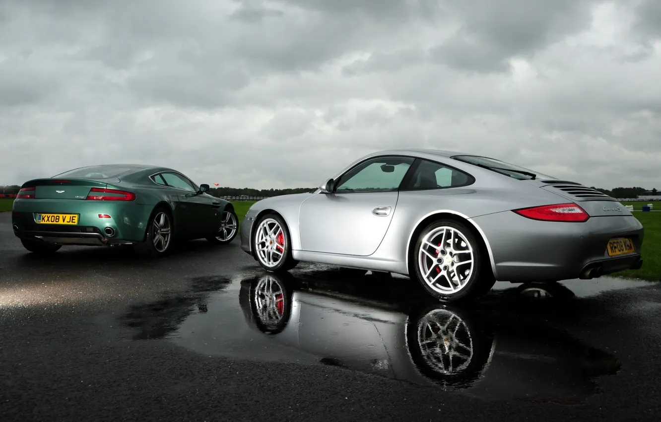 Photo wallpaper the sky, Aston Martin, 911, Porsche, V8 Vantage, rear view