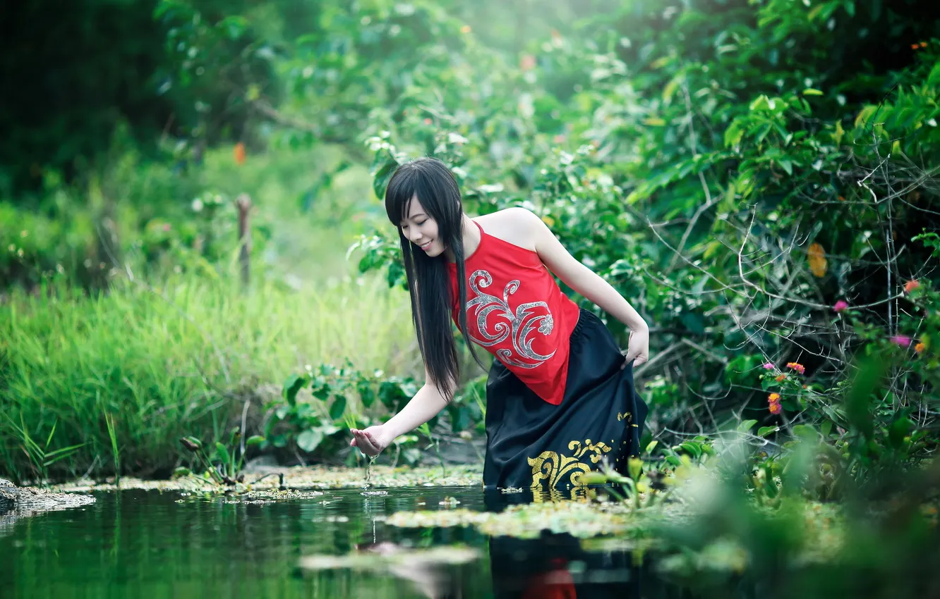Photo wallpaper summer, girl, lake, Asian