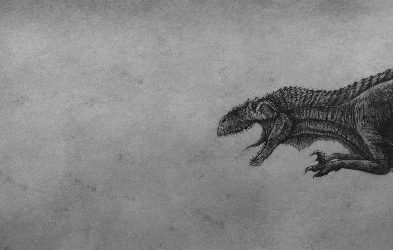 Photo wallpaper figure, dinosaur, lizard, black and white, grey background, toothy, dinosaur