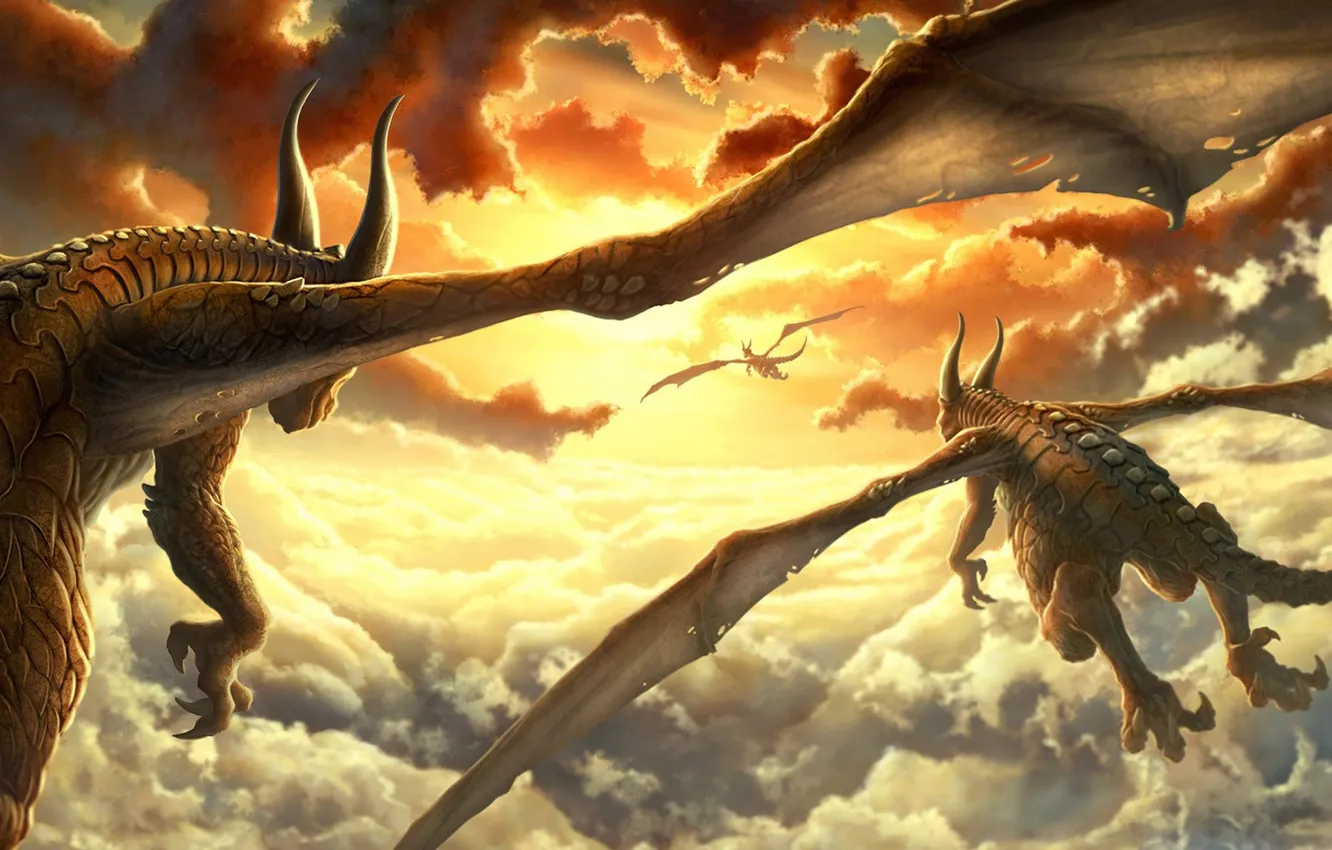 Photo wallpaper the sun, clouds, sunset, wings, dragons