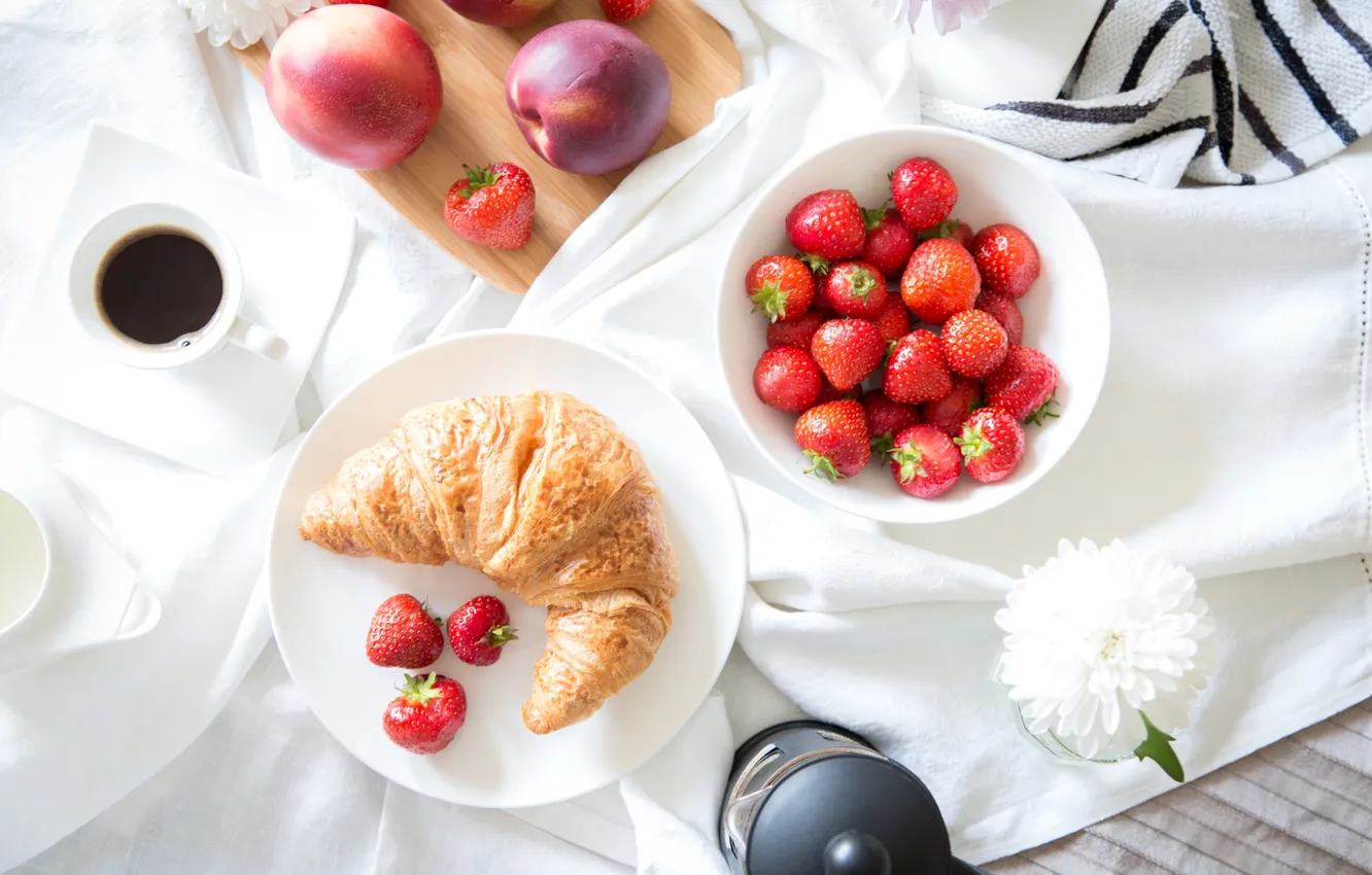 Photo wallpaper coffee, strawberry, nectarine, croissant
