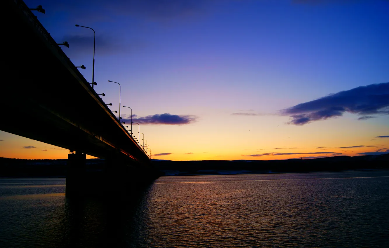 Photo wallpaper the sky, sunset, birds, bridge, river, the evening