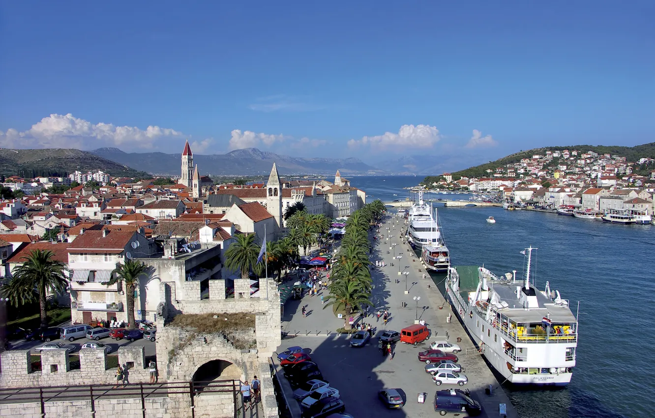 Photo wallpaper sea, the sky, landscape, people, ship, tower, home, pier