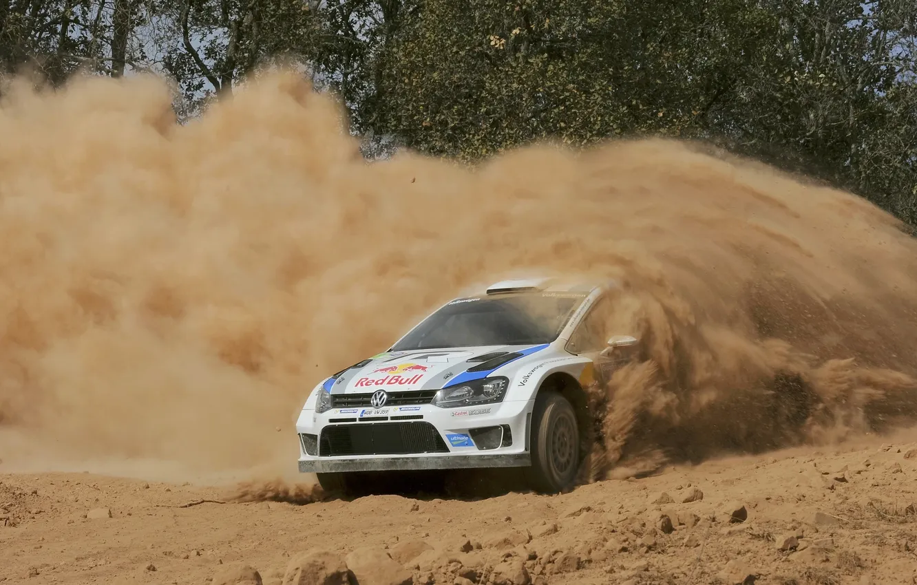 Photo wallpaper Dust, Volkswagen, Turn, Skid, WRC, Rally, Rally, The front