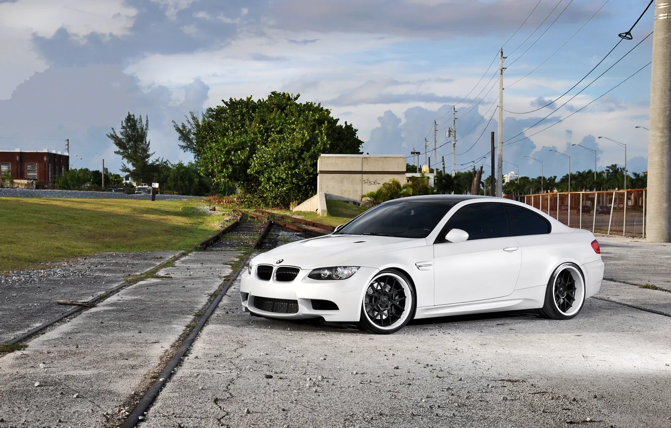 Photo wallpaper white, the sky, clouds, bmw, BMW, railroad, white, wheels